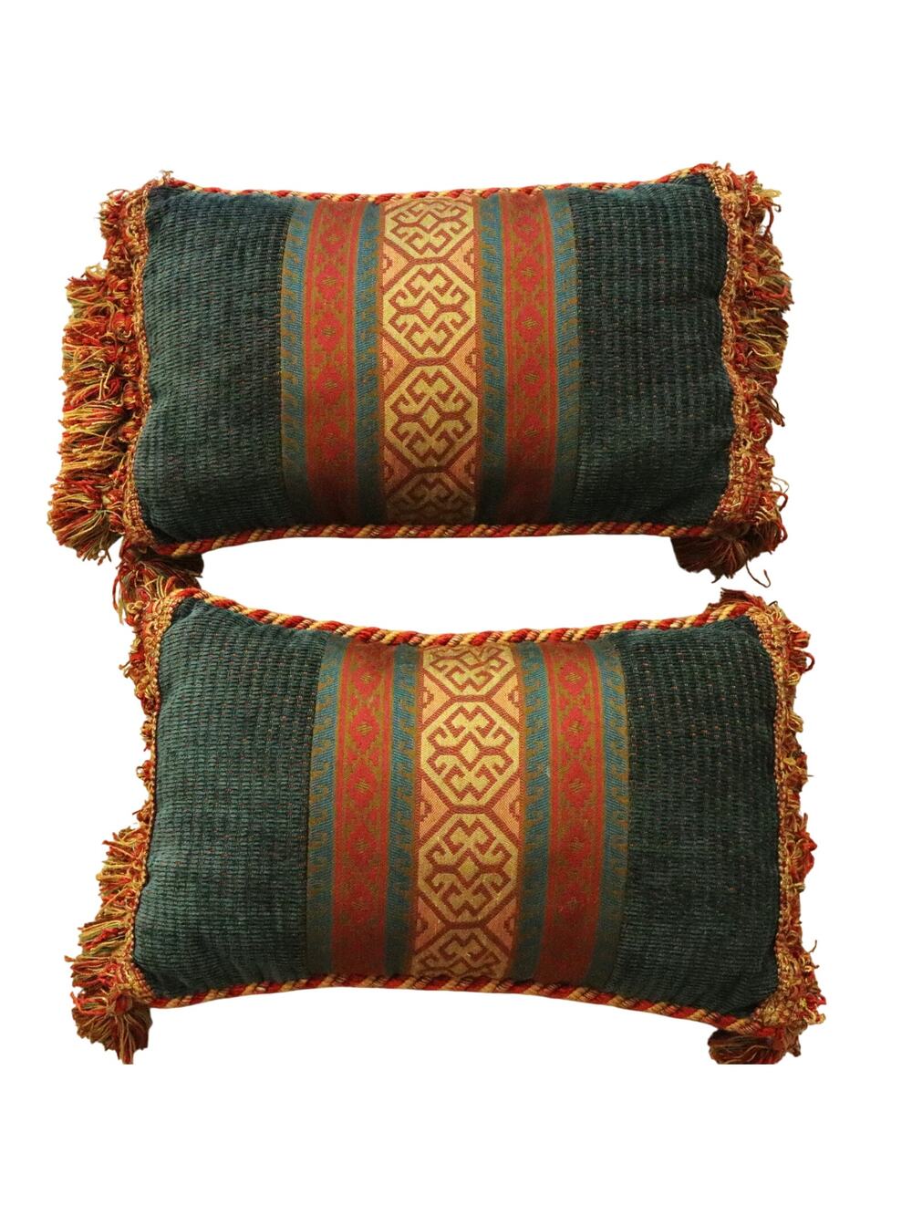 Vintage 90s DOUBLE SIDED Set of 2 Throw Pillow Tassels Rope Fringe Embroidered